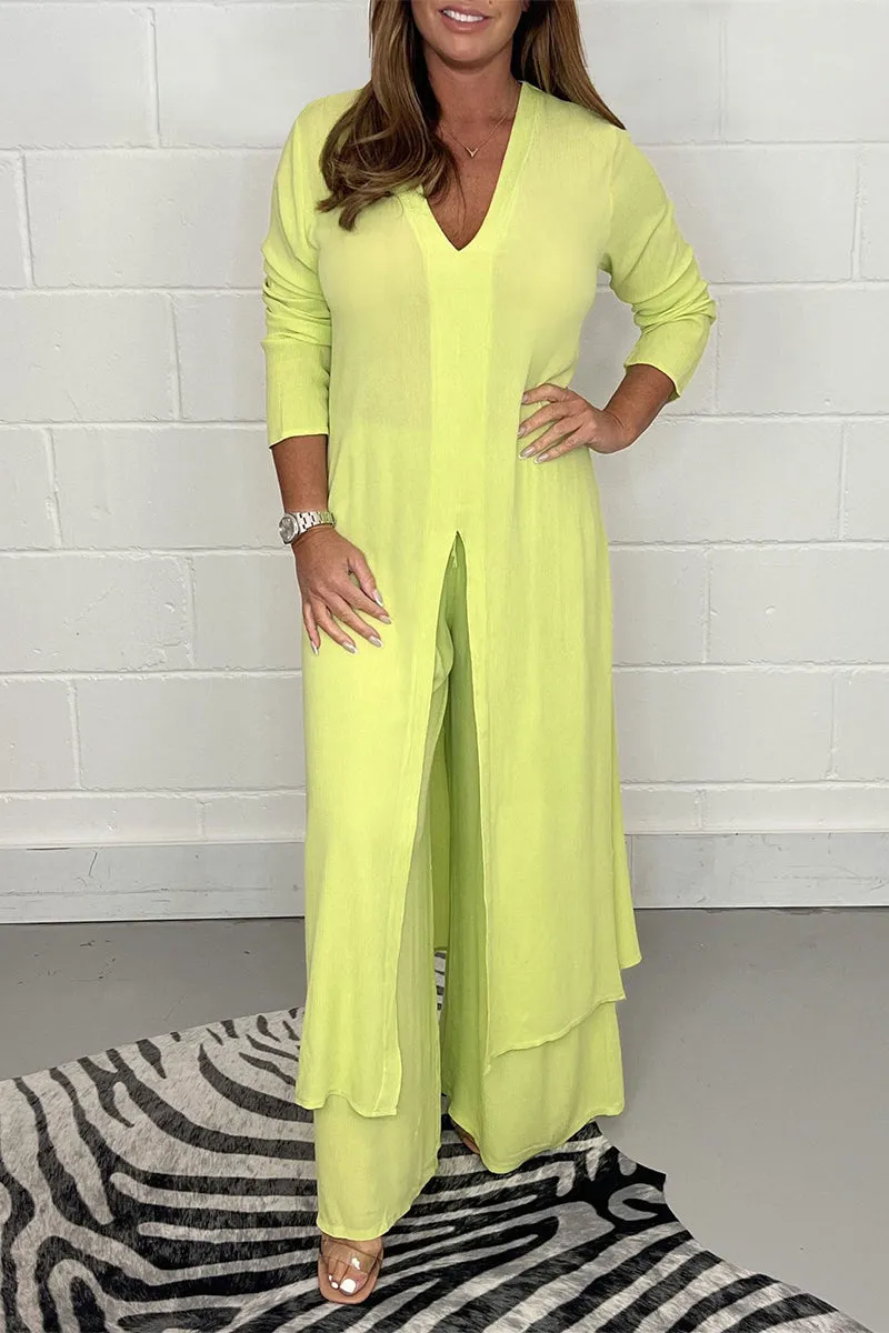 Casual Simplicity Solid Slit V Neck Long Sleeve Two Pieces