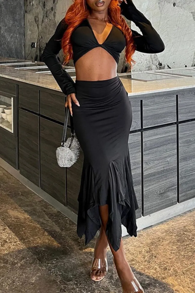 Casual Solid Asymmetrical V Neck Long Sleeve Two Pieces