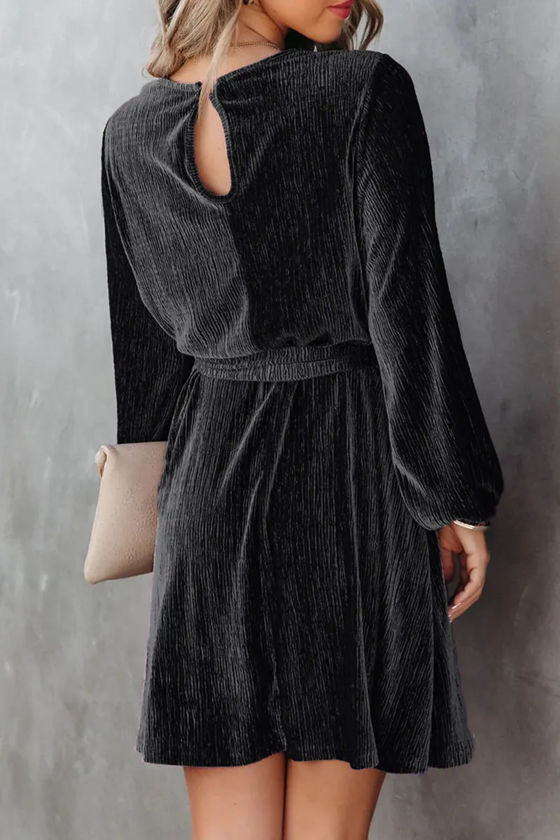 Casual Solid Bandage O Neck Waist Skirt Dresses