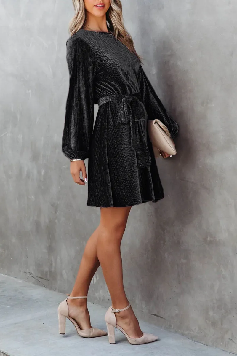 Casual Solid Bandage O Neck Waist Skirt Dresses