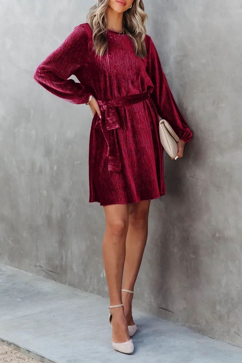 Casual Solid Bandage O Neck Waist Skirt Dresses
