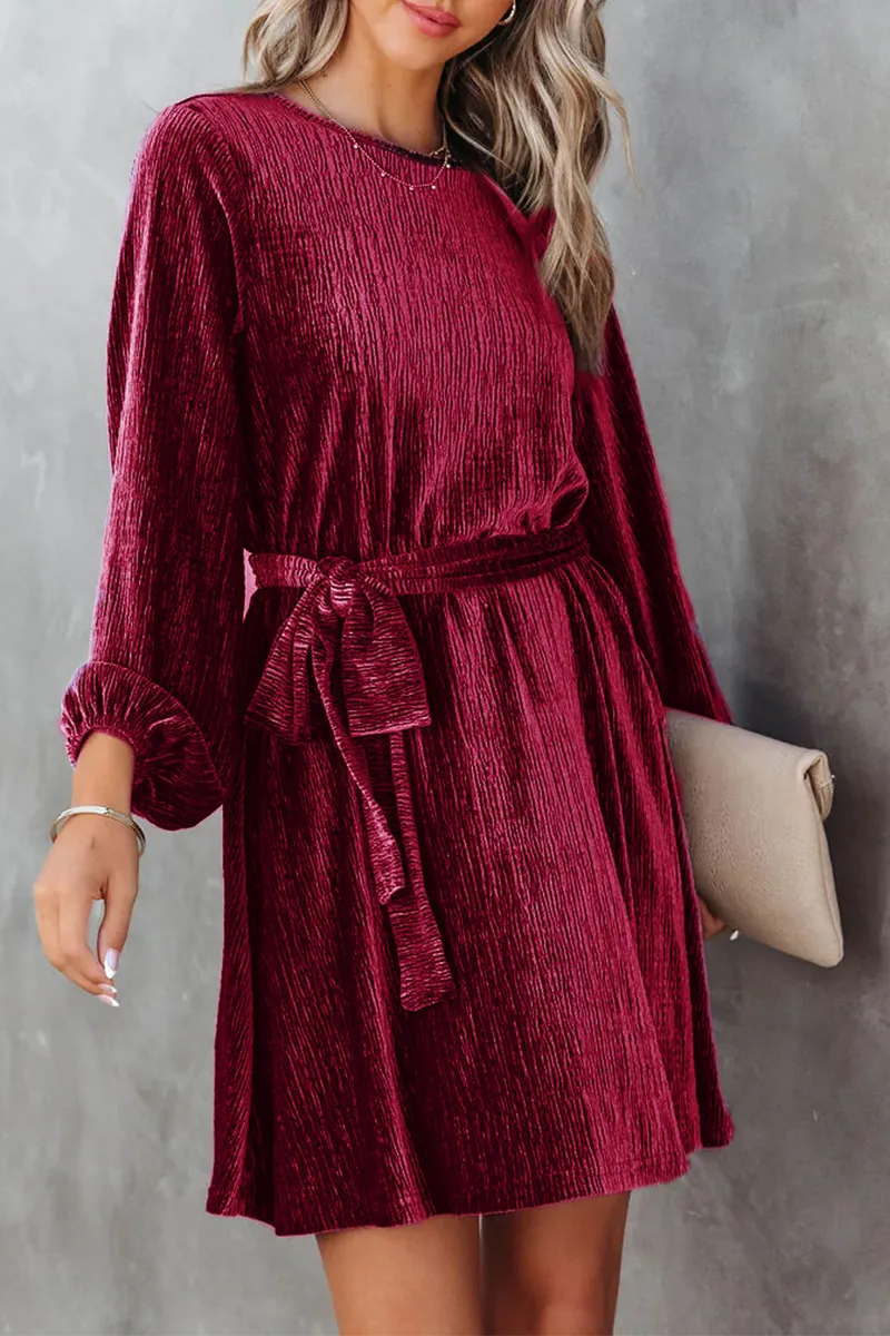 Casual Solid Bandage O Neck Waist Skirt Dresses