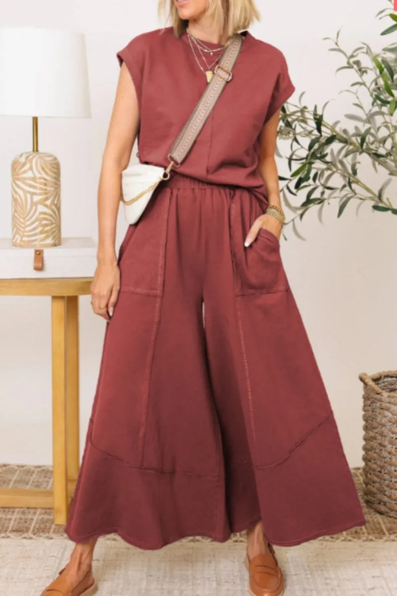 Casual Solid Color Pocket O Neck Two Pieces(7 Colors)