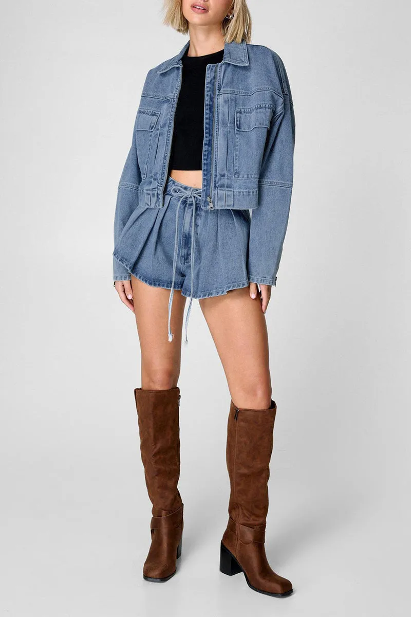 Casual Solid Color Pocket Zipper Turndown Collar Long Sleeve Two Pieces
