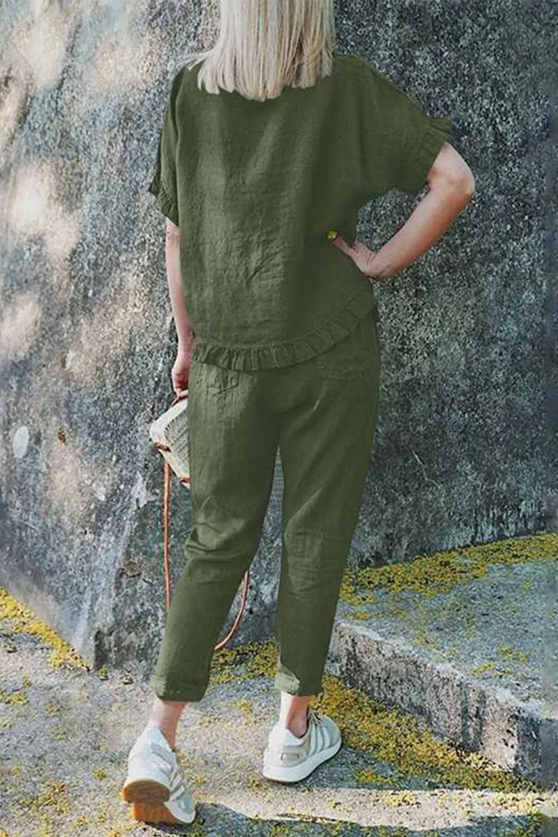 Casual Solid Flounce O Neck Short Sleeve Two Pieces(4 Colors)）