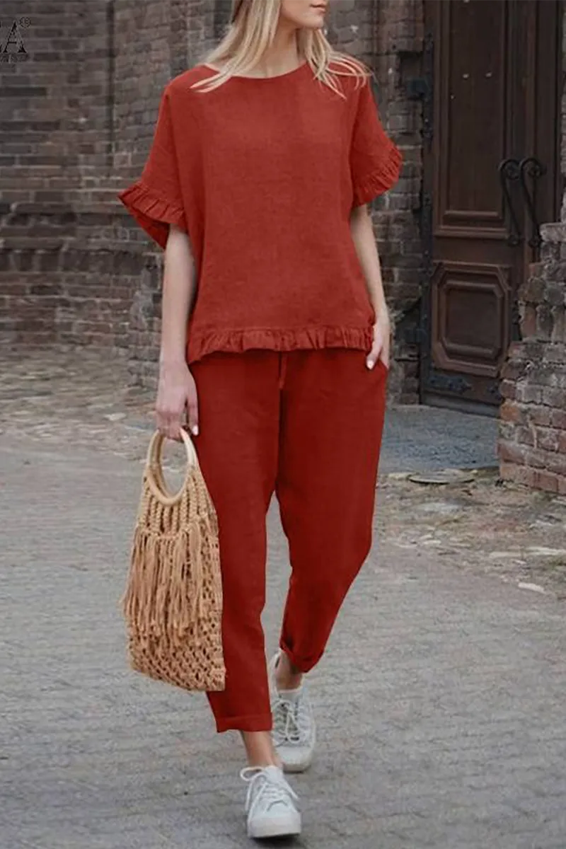 Casual Solid Flounce O Neck Short Sleeve Two Pieces(4 Colors)）