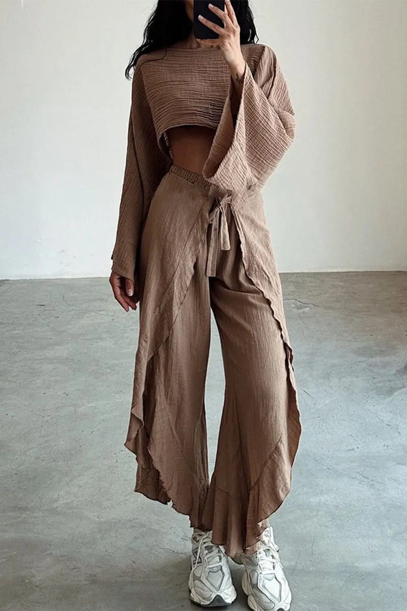 Casual Solid Flounce Slit O Neck Long Sleeve Two Pieces