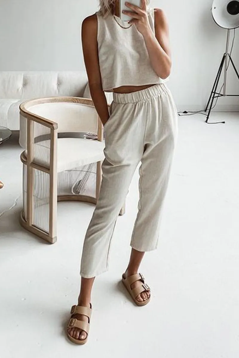 Casual Solid Patchwork O Neck Sleeveless Two Pieces
