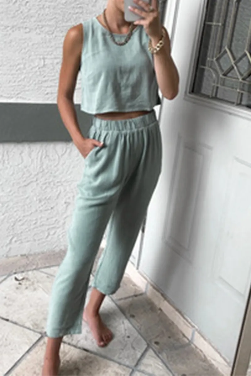 Casual Solid Patchwork O Neck Sleeveless Two Pieces