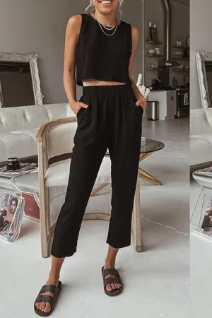 Casual Solid Patchwork O Neck Sleeveless Two Pieces