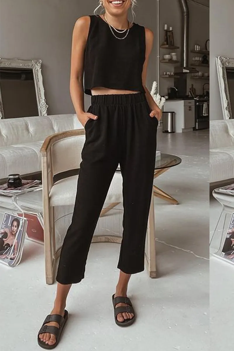 Casual Solid Patchwork O Neck Sleeveless Two Pieces