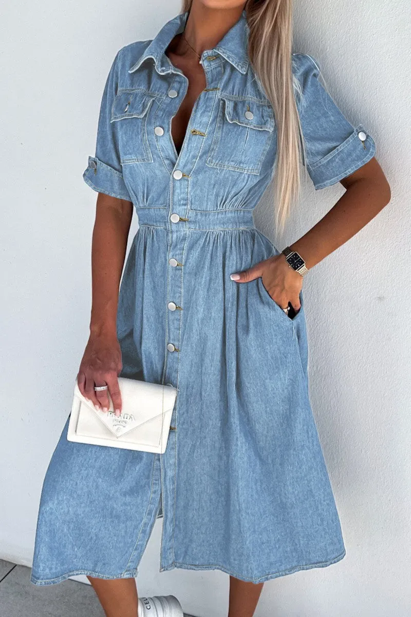Casual Solid Patchwork Turndown Collar Short Sleeve High Waist Regular Denim Dresses