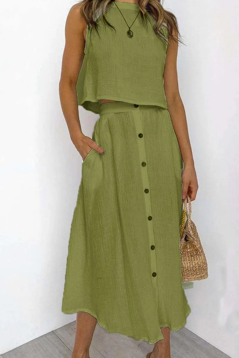 Casual Solid Split Joint O Neck Sleeveless Two Pieces(5 colors)