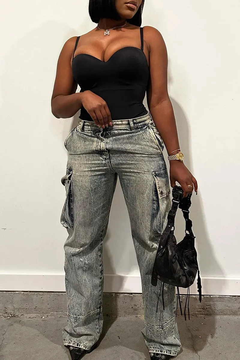 Casual Street Solid Make Old Patchwork Pocket Buttons Zipper Mid Waist Straight Denim Jeans