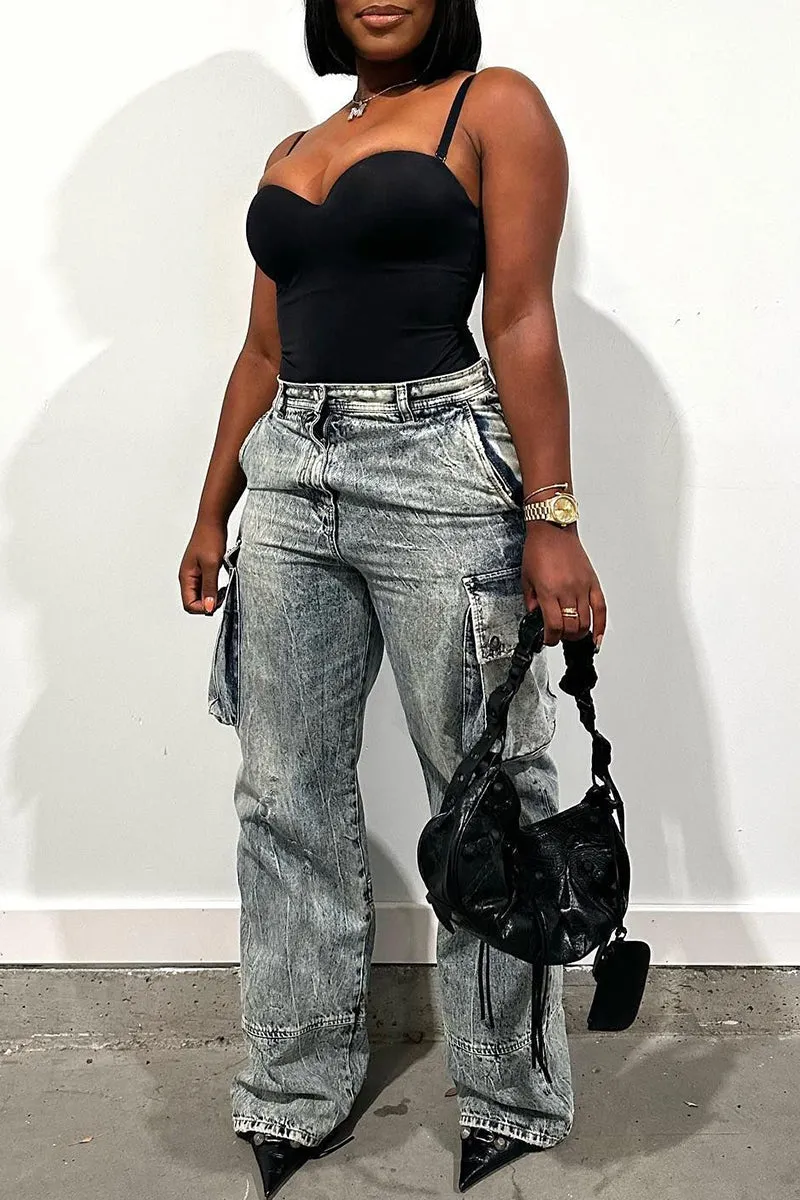 Casual Street Solid Make Old Patchwork Pocket Buttons Zipper Mid Waist Straight Denim Jeans