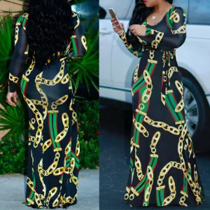 Chains Print Belted Long Sleeve Maxi Dress