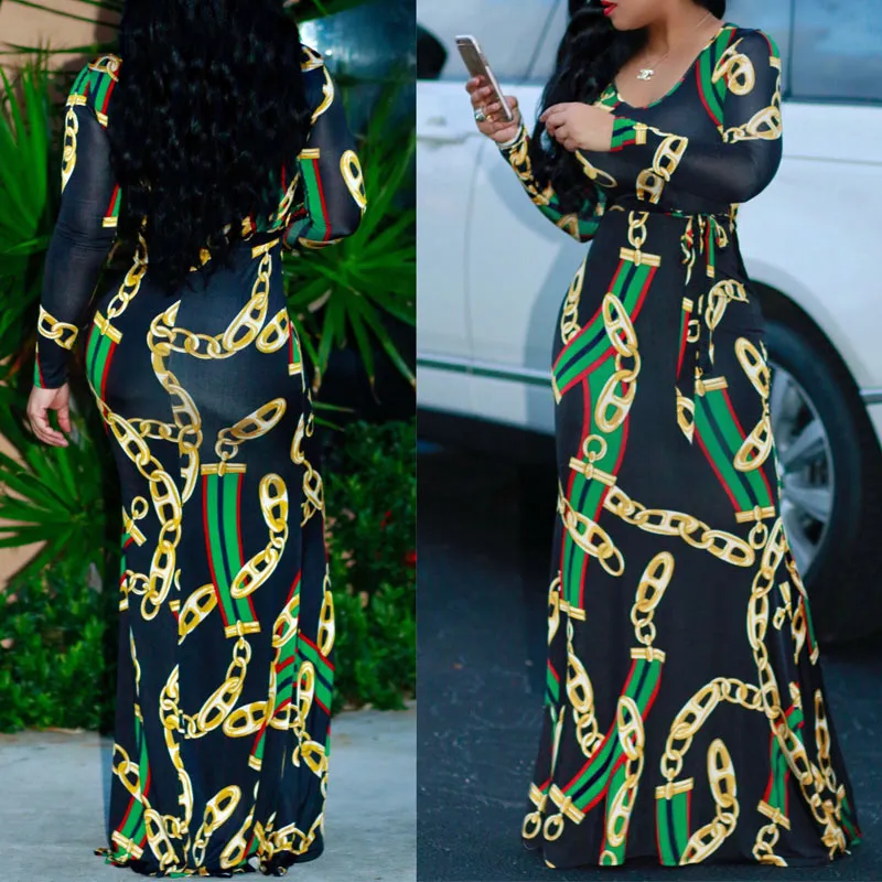 Chains Print Belted Long Sleeve Maxi Dress