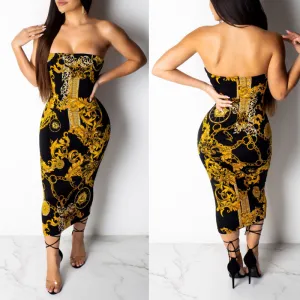 Chains Print High Off Shoulder Sleeveless Bodycon Dress
