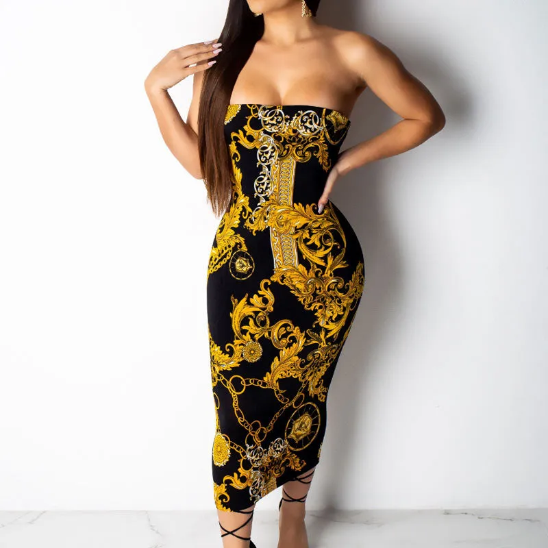 Chains Print High Off Shoulder Sleeveless Bodycon Dress