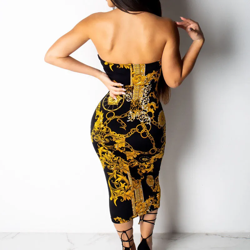 Chains Print High Off Shoulder Sleeveless Bodycon Dress