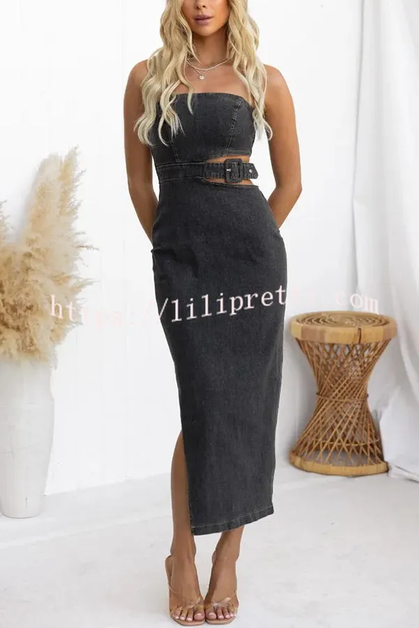 Chatting You Up Washed Denim Cutout Waist Belted Tube Stretch Dress