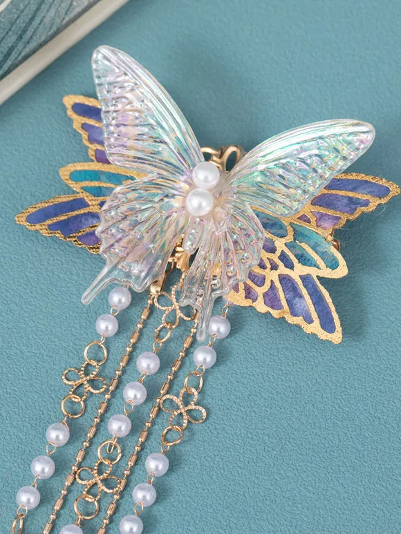 Chinese Style Lolita Accessories Lilac Butterfly Pearls Chains Metal Accessory Miscellaneous