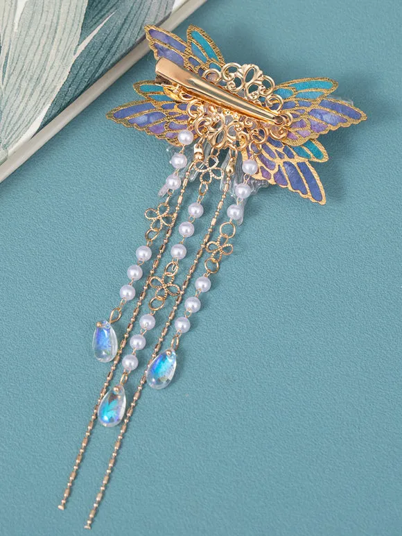 Chinese Style Lolita Accessories Lilac Butterfly Pearls Chains Metal Accessory Miscellaneous