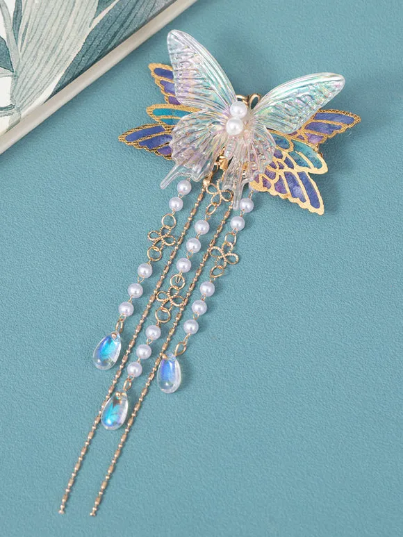 Chinese Style Lolita Accessories Lilac Butterfly Pearls Chains Metal Accessory Miscellaneous
