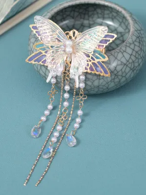 Chinese Style Lolita Accessories Lilac Butterfly Pearls Chains Metal Accessory Miscellaneous