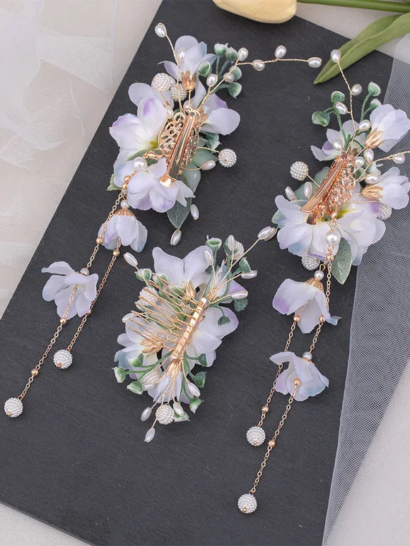 Chinese Style Lolita Accessories Lilac Pearls Chains Flowers Metal Accessory Miscellaneous