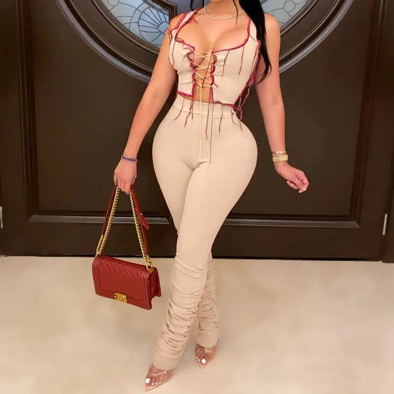 Colorblock Sleeveless Chains Decoration Crop Top & Pants Set