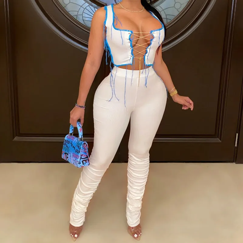 Colorblock Sleeveless Chains Decoration Crop Top & Pants Set