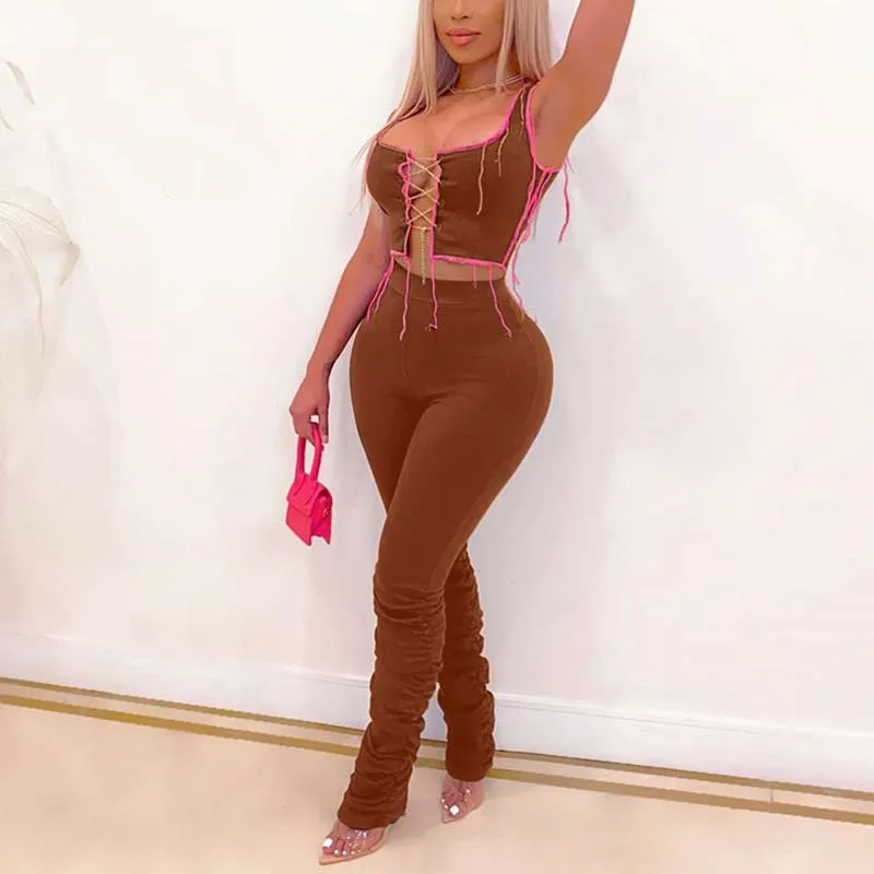 Colorblock Sleeveless Chains Decoration Crop Top & Pants Set