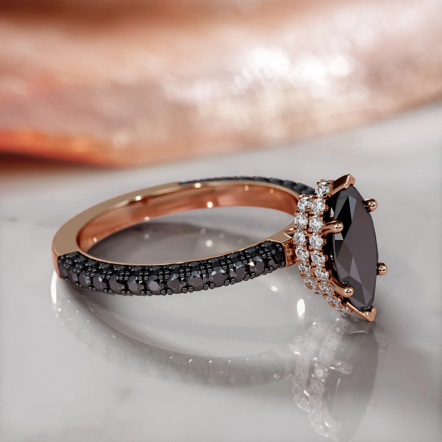 Dark Starlight - Black Diamond  Natural Black Diamond Marquise Engagement Ring in Rose Gold
