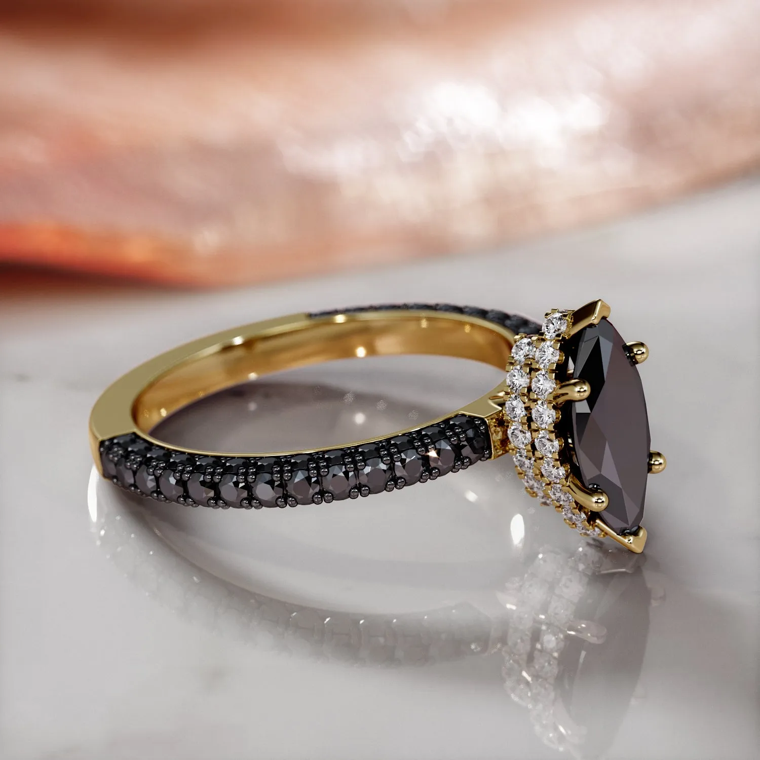 Dark Starlight - Black Diamond  Natural Black Diamond Marquise Engagement Ring in Rose Gold