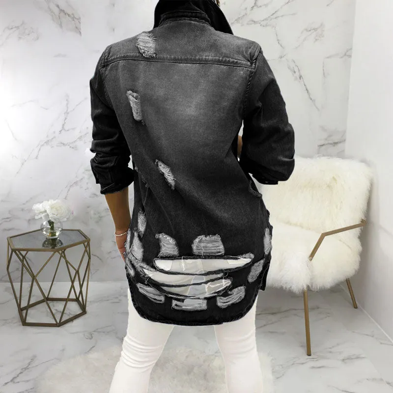 Denim Cutout Fringe Ripped Coat