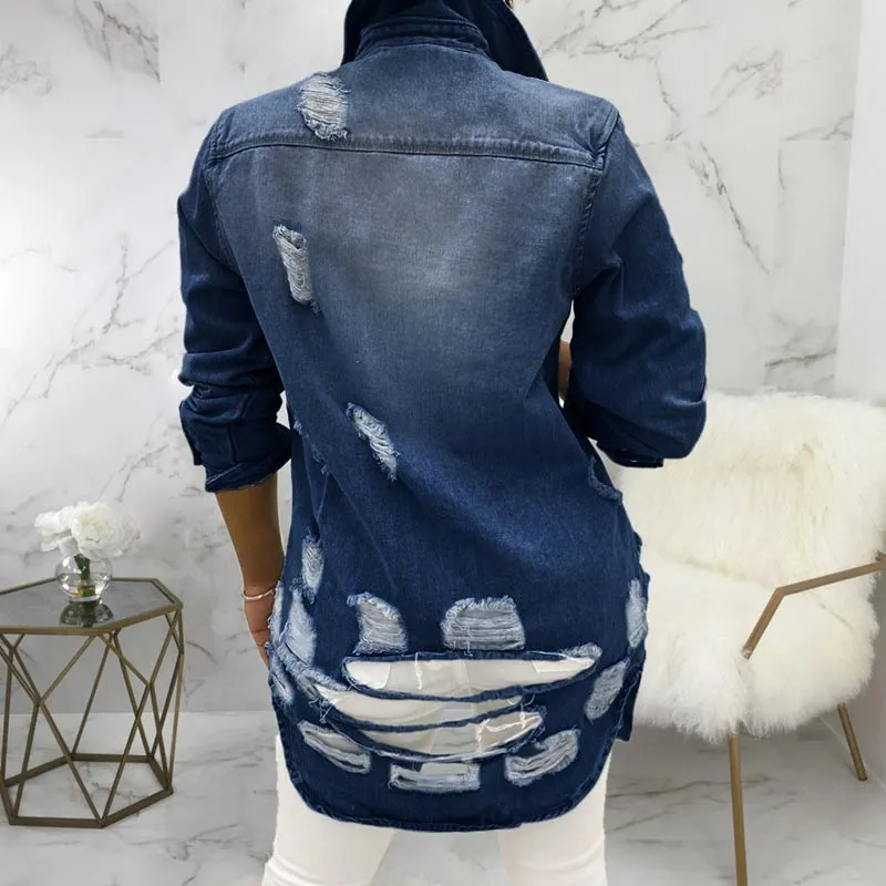 Denim Cutout Fringe Ripped Coat