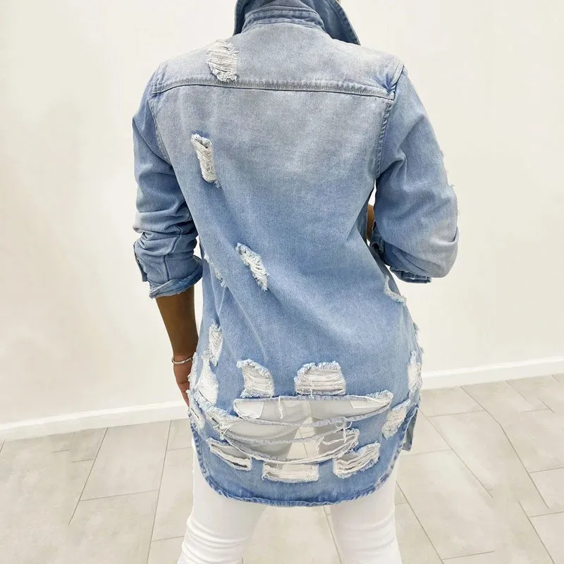 Denim Cutout Fringe Ripped Coat