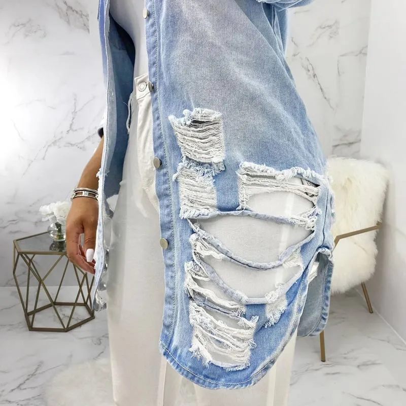 Denim Cutout Fringe Ripped Coat