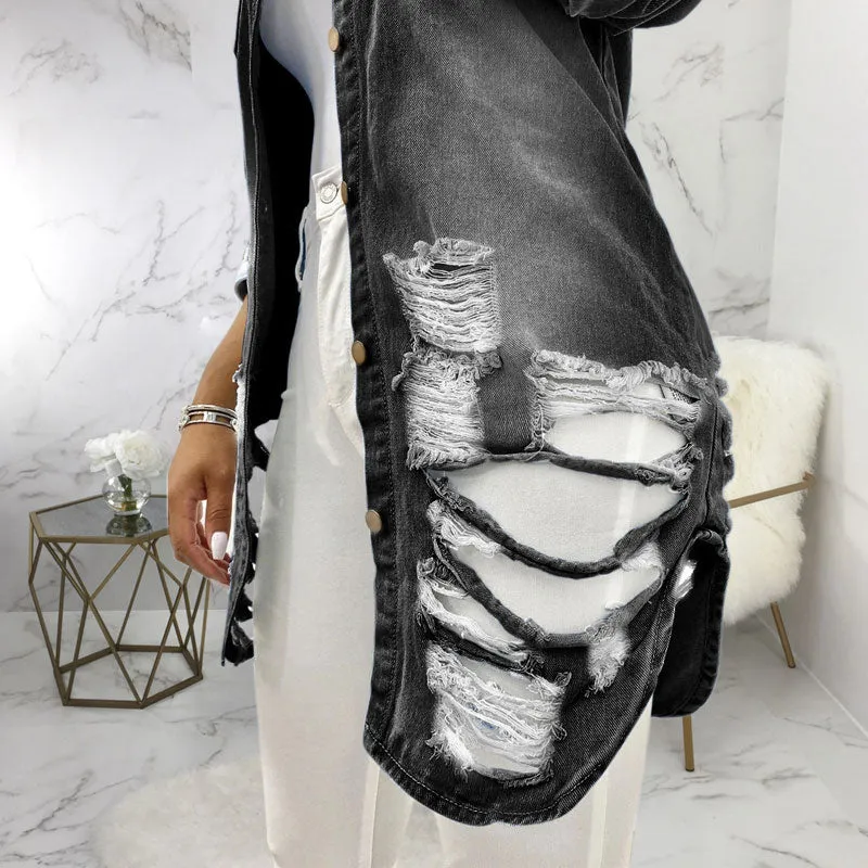 Denim Cutout Fringe Ripped Coat