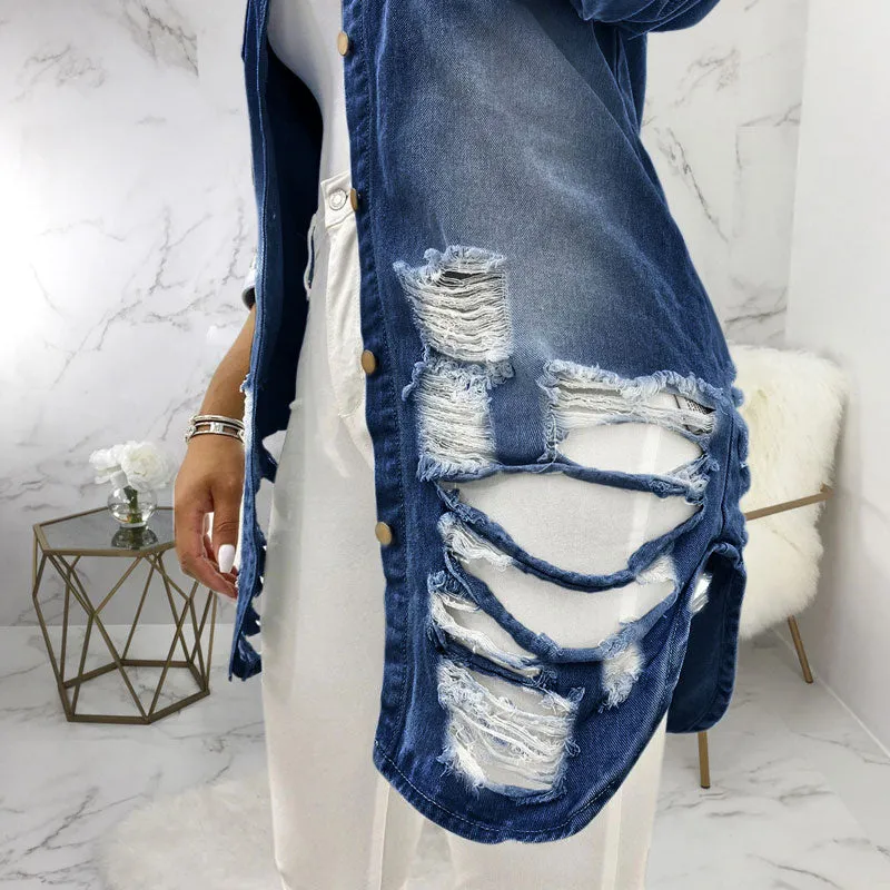 Denim Cutout Fringe Ripped Coat