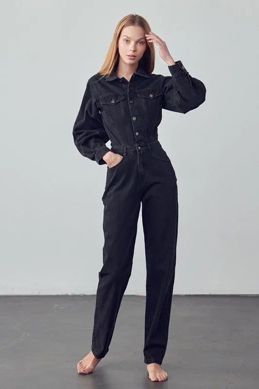 Denim Lab USA High Waist Flap Pocket Half Button Denim Jumpsuit