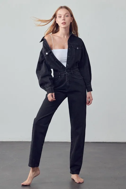 Denim Lab USA High Waist Flap Pocket Half Button Denim Jumpsuit