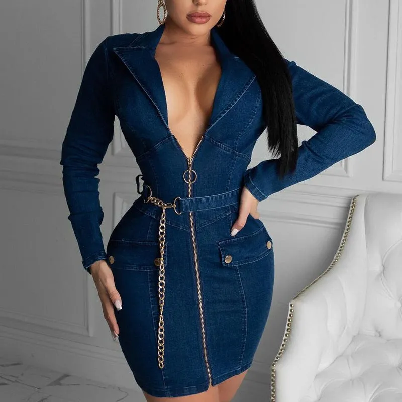 Denim Lapel V-Neck Zipper Chains Design Long Sleeve Dress With Belt