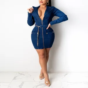 Denim Lapel V-Neck Zipper Chains Design Long Sleeve Dress With Belt