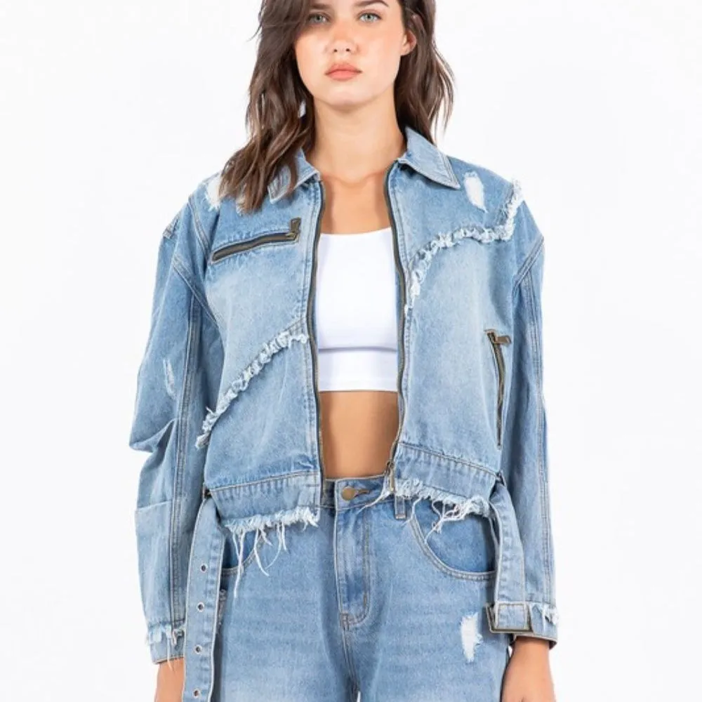Distressed Frayed Edge Zip Up Denim Jacket