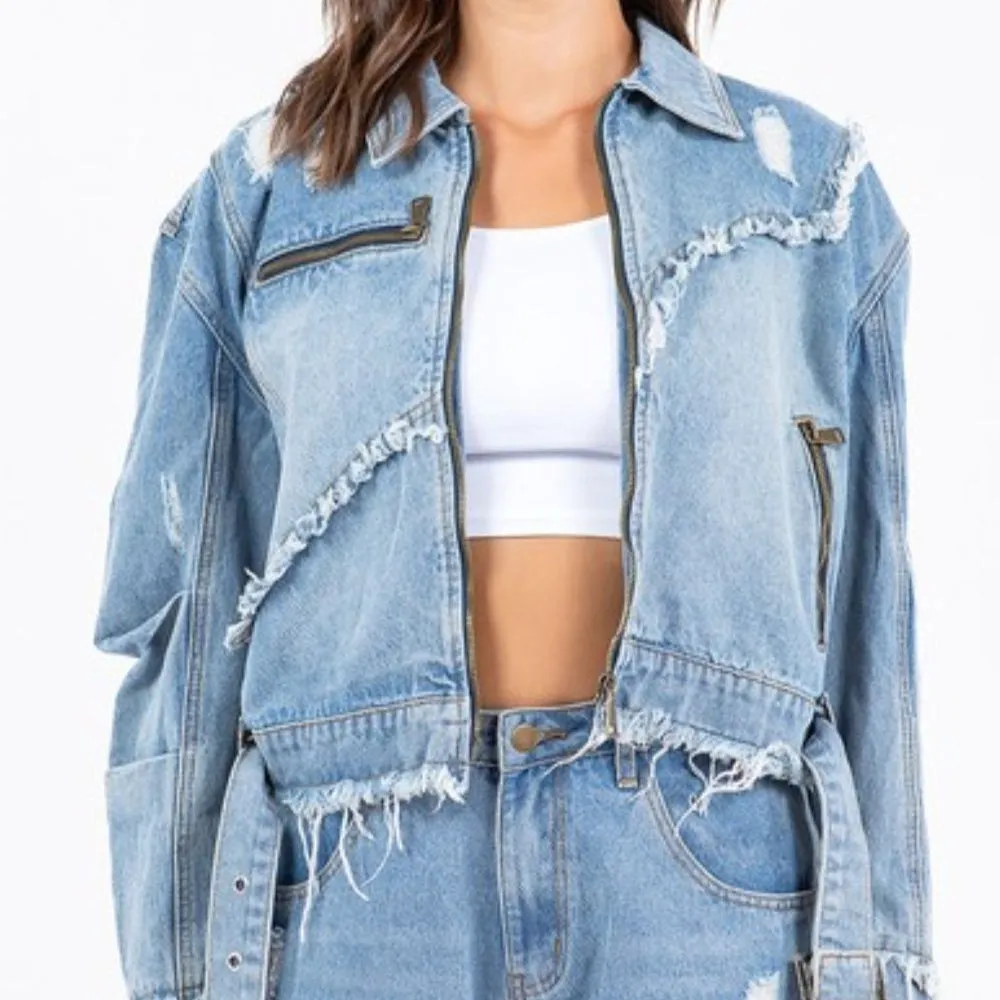 Distressed Frayed Edge Zip Up Denim Jacket