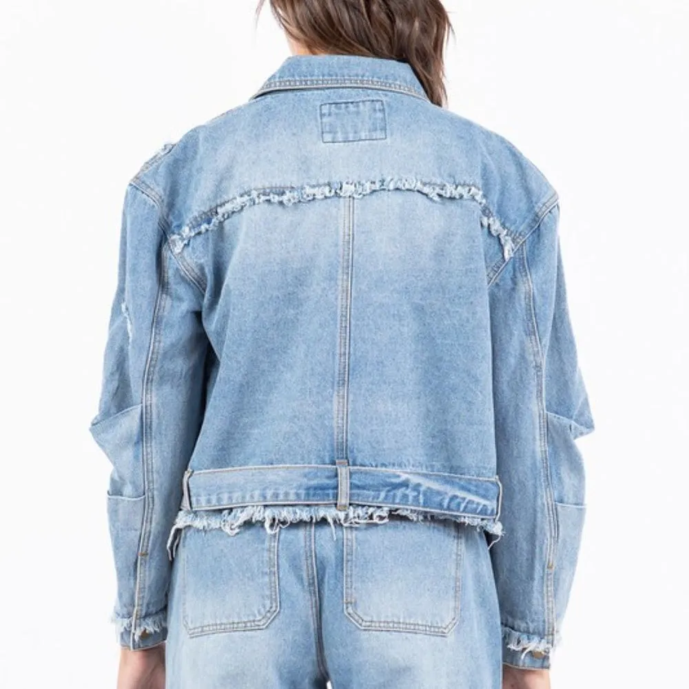 Distressed Frayed Edge Zip Up Denim Jacket