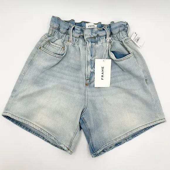 FRAME Light Wash Elastic Waist Denim Shorts in Natoma Clean