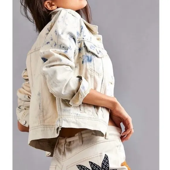 Free People Tie Dye Bleach Washed Buttondown Long Sleeve Denim Jean Jacket M